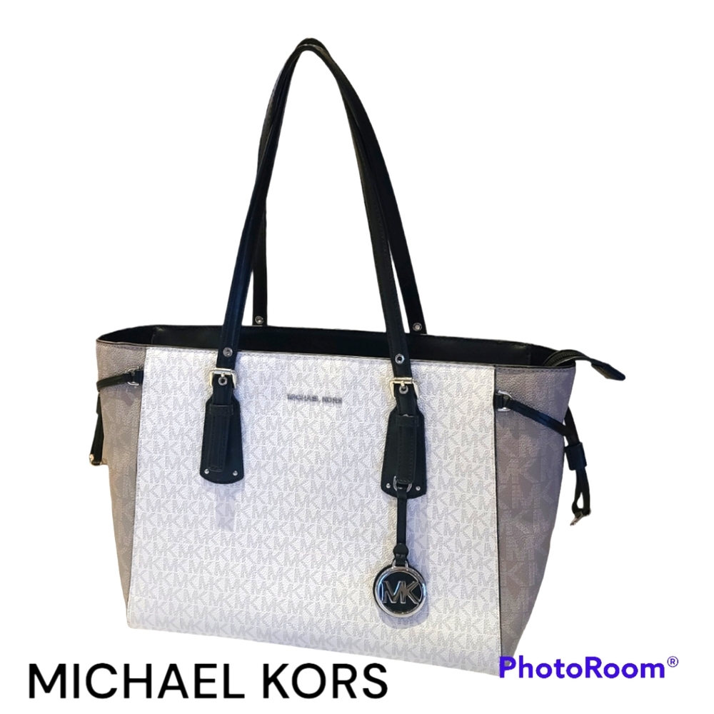 Michael Kors White/Ivory Signature Tote Bag with Black Trim